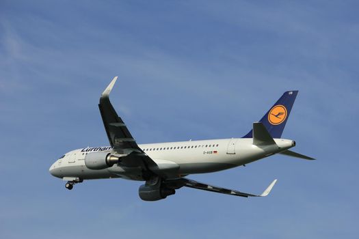 Amsterdam, the Netherlands  -  June 2nd, 2017: D-AIUB Lufthansa Airbus A320 taking off from Polderbaan Runway Amsterdam Airport Schiphol