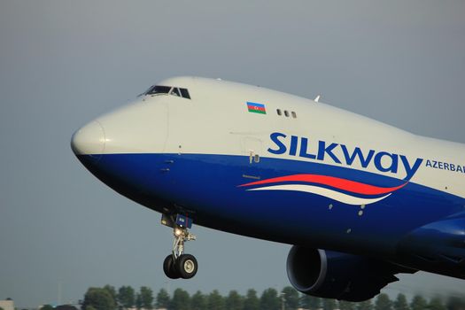 Amsterdam, the Netherlands  -  June 2nd, 2017: VQ-BVB Silk Way West Airlines Boeing 747 taking off from Polderbaan Runway Amsterdam Airport Schiphol