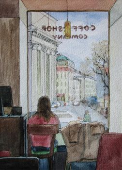 Cafe in Saint Petersburg, street view, watercolor illustration. High quality photo