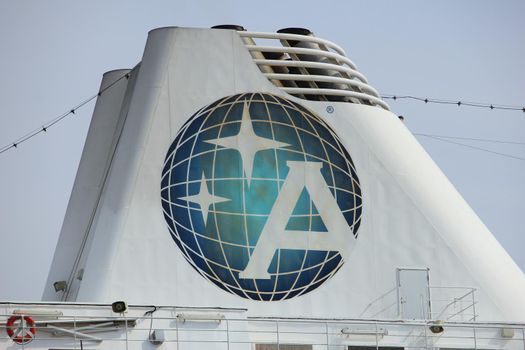 Velsen, The Netherlands - June 20th 2017: Azamara Journey - Azamara Club Cruises on North Sea Channel detail of funnel