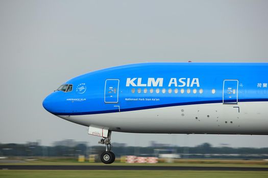 Amsterdam the Netherlands - July 6th, 2017: PH-BVC KLM Royal Dutch Airlines Boeing 777-300 takeoff from Polderbaan runway, Amsterdam Schiphol Airport