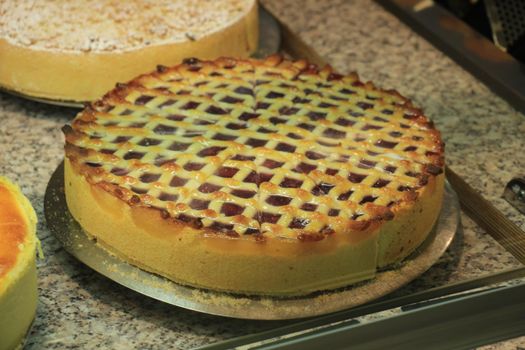 Fresh made confectionery in a Geman bakery: fruit round fruit cakes