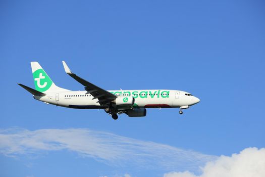 Amsterdam the Netherlands - May, 20th 2017: PH-HSM Transavia Boeing 737-800 approaching Schiphol Polderbaan runway