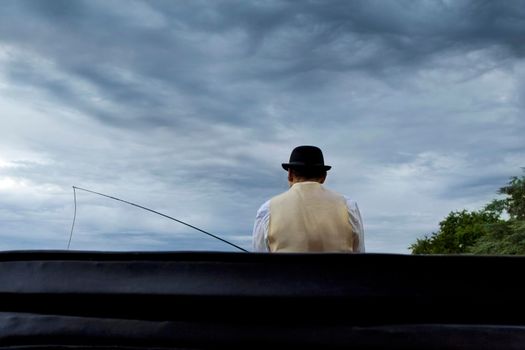 Coachman in a carriage, cloudy sky on background