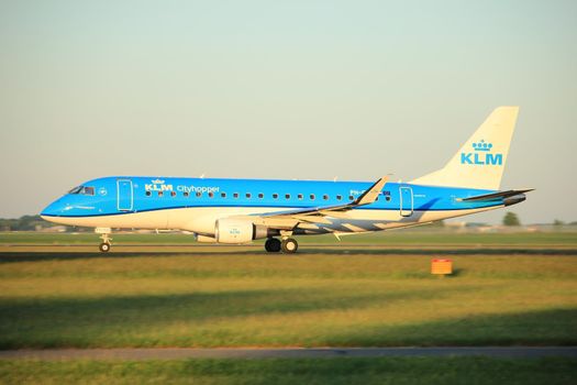 Amsterdam, the Netherlands  -  June 2nd, 2017: PH-EXL KLM Cityhopper Embraer ERJ-175 taking off from Polderbaan Runway Amsterdam Airport Schiphol