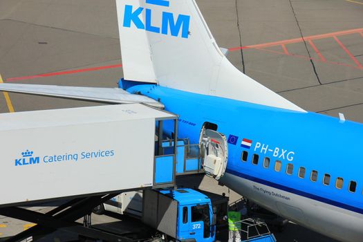 Amsterdam The Netherlands -  May 26th 2017: PH-BXG KLM Royal Dutch Airlines Boeing 737 and KLM catering service