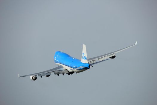 Amsterdam, the Netherlands  -  June 2nd, 2017: PH-BFW KLM Royal Dutch Airlines Boeing 747-400M taking off from Polderbaan Runway Amsterdam Airport Schiphol