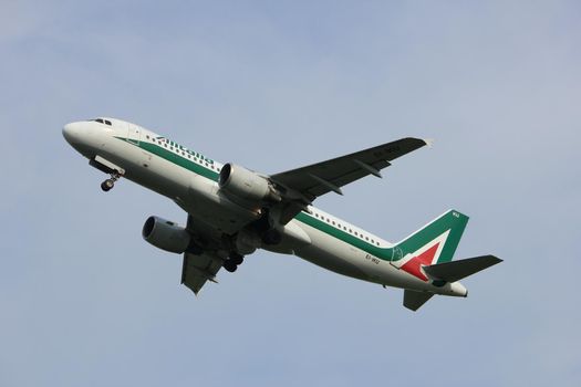 Amsterdam, the Netherlands  -  June 2nd, 2017: EI-IKU Alitalia Airbus A320-200 taking off from Polderbaan Runway Amsterdam Airport Schiphol