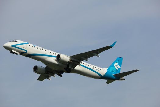 Amsterdam, the Netherlands  -  June 2nd, 2017: I-ADJU Air Dolomiti Embraer ERJ-195LR taking off from Polderbaan Runway Amsterdam Airport Schiphol