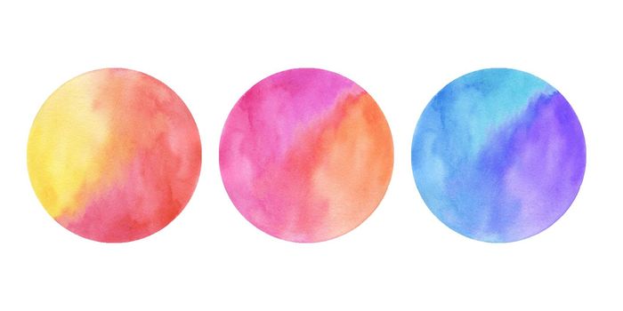 Watercolor set colorful hand drawn round spots on white background for text design, web.
