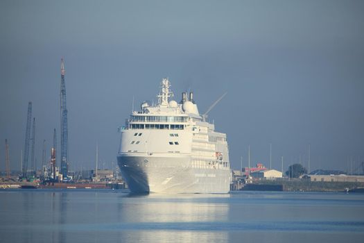 Velsen, The Netherlands - June 18th 2017: Silver Whisper- Silversea Cruises on North Sea Channel towards Amsterdam Cruise terminal