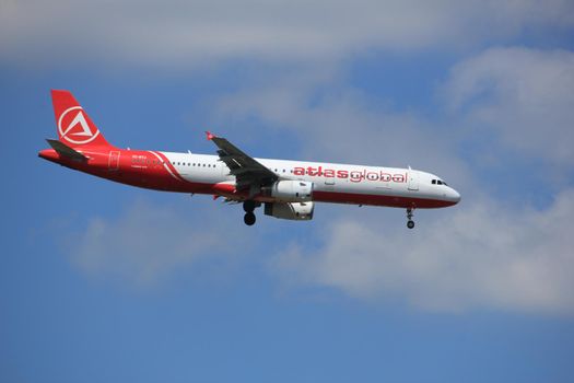 Amsterdam the Netherlands - July 9th 2017: TC-ETJ AtlasGlobal Airbus A321-200 approaching Schiphol Amsterdam Airport Kaagbaan runway