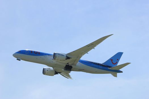 Amsterdam the Netherlands - July, 9th 2017: PH-TFL TUI Airlines Netherlands Boeing 787-8 Dreamliner takeoff from Buitenveldert runway Amsterdam Airport