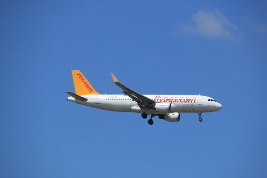 Amsterdam the Netherlands - July 9th 2017: TC-DCA Pegasus Airbus A320-200 approaching Schiphol Amsterdam Airport Kaagbaan runway