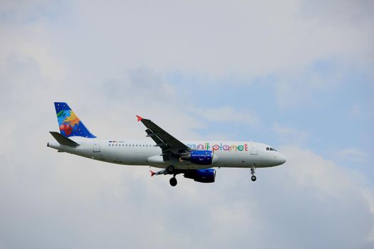 Amsterdam the Netherlands - July 20th 2017: D-ASPI Small Planet Airlines Germany Airbus A320 approaching Schiphol Amsterdam Airport Polderbaan runway