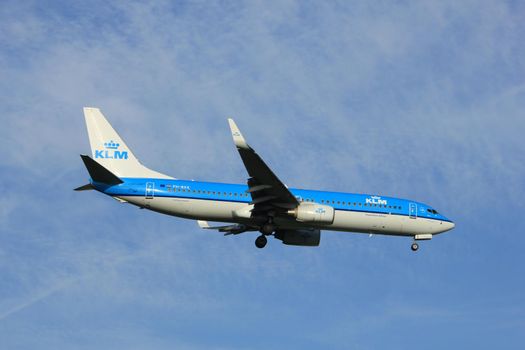 Amsterdam the Netherlands - July 7th 2017: PH-BXK KLM Royal Dutch Airlines Boeing 737-800 approaching Schiphol Amsterdam Airport Polderbaan runway