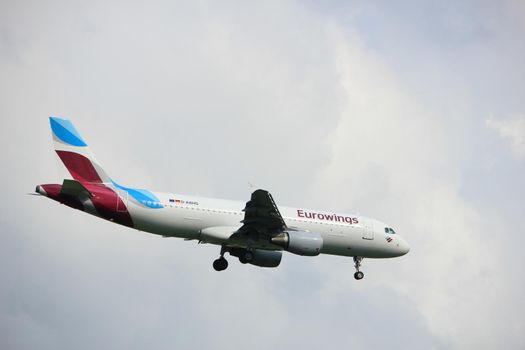 Amsterdam the Netherlands - July 20th 2017: D ABHG Eurowings Airbus A320 approaching Schiphol Amsterdam Airport Polderbaan runway