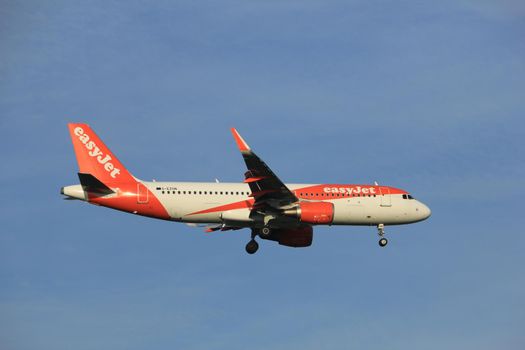 Amsterdam the Netherlands - July 7th 2017: G-EZON easyJet Airbus A320 approaching Schiphol Amsterdam Airport Polderbaan runway