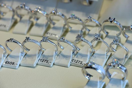 Diamond engagement rings in a shop display