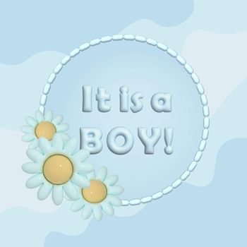 It's a boy. Festive poster for baby shower parties. Blue background