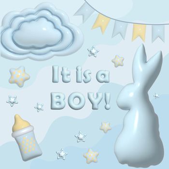 It's a boy. Festive poster for baby shower parties. Blue background