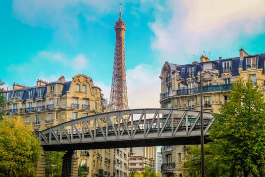Eiffel tower view from Trocadero gardens at sunny day, Paris, France