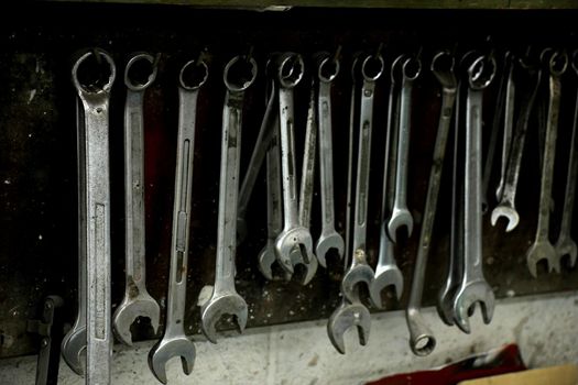 Tools in a repair shop, socket wrenches in various sizes