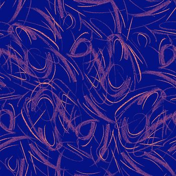 Wavy and swirled chalk strokes seamless pattern. Orange paint freehand scribbles, lines, squiggle pattern on blue background. Abstract wallpaper design, textile print