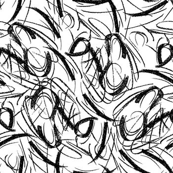 Wavy and swirled chalk strokes seamless pattern. Black paint freehand scribbles, lines, squiggle pattern. Abstract wallpaper design, textile print