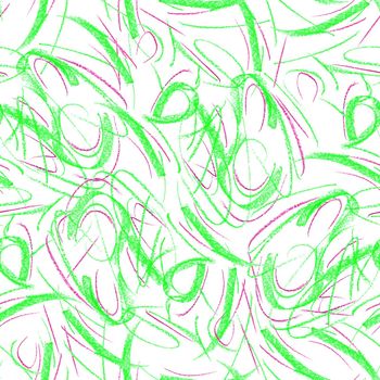 Wavy and swirled chalk strokes seamless pattern. Green and pink paint freehand scribbles, lines, squiggle pattern. Abstract wallpaper design, textile print