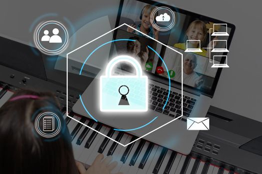 Cybersecurity and privacy concepts to protect data. Lock icon and internet network security technology. Businessman protecting personal data on smart phone with virtual screen interfaces.