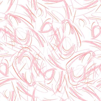 Wavy and swirled chalk strokes seamless pattern. Pink paint freehand scribbles, lines, squiggle pattern. Abstract wallpaper design, textile print