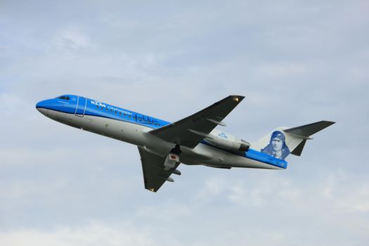 Amsterdam the Netherlands - July 6th, 2017: PH-KZU KLM Cityhopper Fokker F70 takeoff from Polderbaan runway, Amsterdam, painted in "Anthony Fokker (Farewell)" special colours