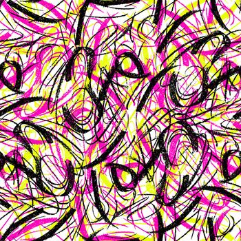 Wavy and swirled chalk strokes seamless pattern. Black, pink and yellow paint freehand scribbles, lines, squiggle pattern. Abstract wallpaper design, textile print