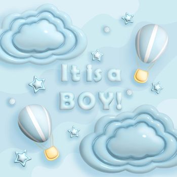 It's a boy. Festive poster for baby shower parties. Blue background