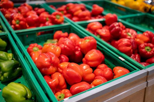 Raw juicy red bell pepper in plastic basket on the shelf in the supermarket. Sweet pepper on grocery store display. Paprika