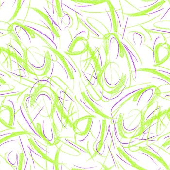 Wavy and swirled chalk strokes seamless pattern. Neon colors paint freehand scribbles, lines, squiggle pattern. Abstract wallpaper design, textile print