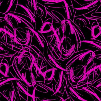 Wavy and swirled chalk strokes seamless pattern. Pink paint freehand scribbles, lines, squiggle pattern. Abstract wallpaper design, textile print
