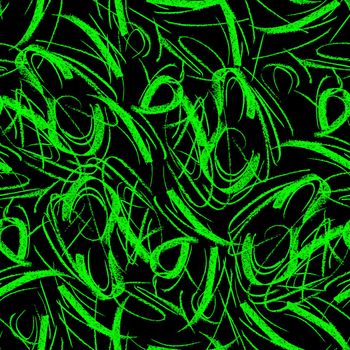 Wavy and swirled chalk strokes seamless pattern. Green paint freehand scribbles, lines, squiggle pattern. Abstract wallpaper design, textile print