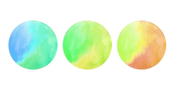 Watercolor set colorful hand drawn round spots on white background for text design, web.