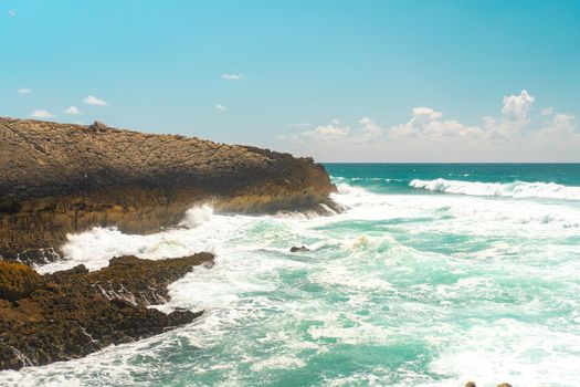 Atlantic ocean. Stormy summer day Big sea wave on rocky beach. Beaty in nature. Dramatic sea view. Sintra portugal