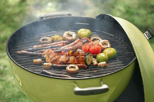 Meat on skewers with the vegetables on the barbecue grill