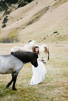 Bride in a white dress with a bouquet stands among the horses in the pasture. High quality photo
