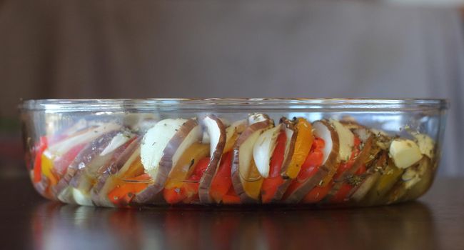baking form with ratatouille preparation, side view