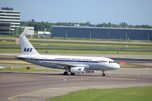 Amsterdam The Netherlands -  May 26th 2017: OY-KBO SAS Scandinavian Airlines Airbus A319 in SAS retro livery at Schiphol International Airport