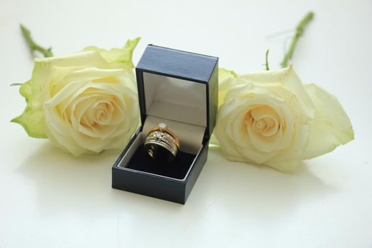 Engagement rings in boxes and white rose