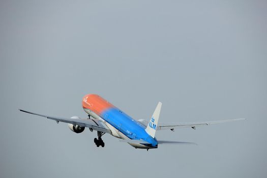 Amsterdam, the Netherlands  -  June 2nd, 2017: PH-BVA KLM Royal Dutch Airlines Boeing 777-300 taking off from Polderbaan Runway Amsterdam Airport Schiphol, painted in "OrangePride" special livery for 2016 Olympic Games