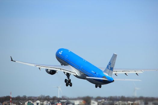 Amsterdam the Netherlands - March 25th, 2017: PH-AKA KLM Royal Dutch Airlines Airbus A330-300 takeoff from Polderbaan runway.