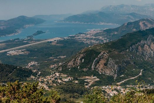 Beautiful nature mountains landscape. Kotor bay, Montenegro. Views of the Boka Bay, with the cities of Kotor and Tivat with the top of the mountain, Montenegro.