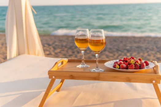 Wine two tray rest restaurant sea copyspace summer beach cold, concept drink travel for relax and picnic water, party coast. View luxury,
